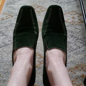 Beautiful, dark green, suede loafer style wedges